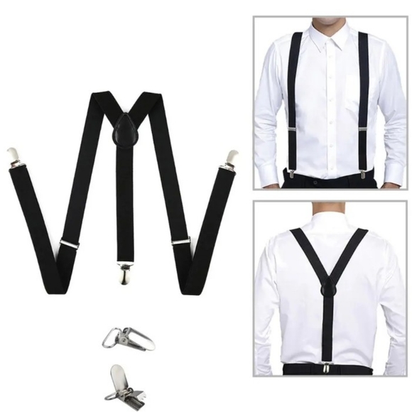 Black Adjustable Suspenders NEW Y Shape 3 Clips - Picture 2 of 2